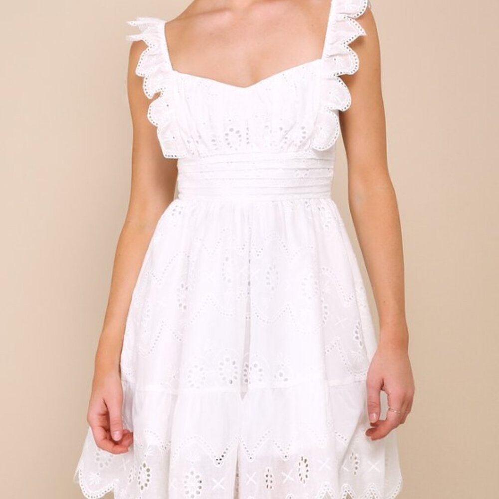 Size S - Lulus - Sincerely Precious White Eyelet Embroidered Ruffled Mini Dress